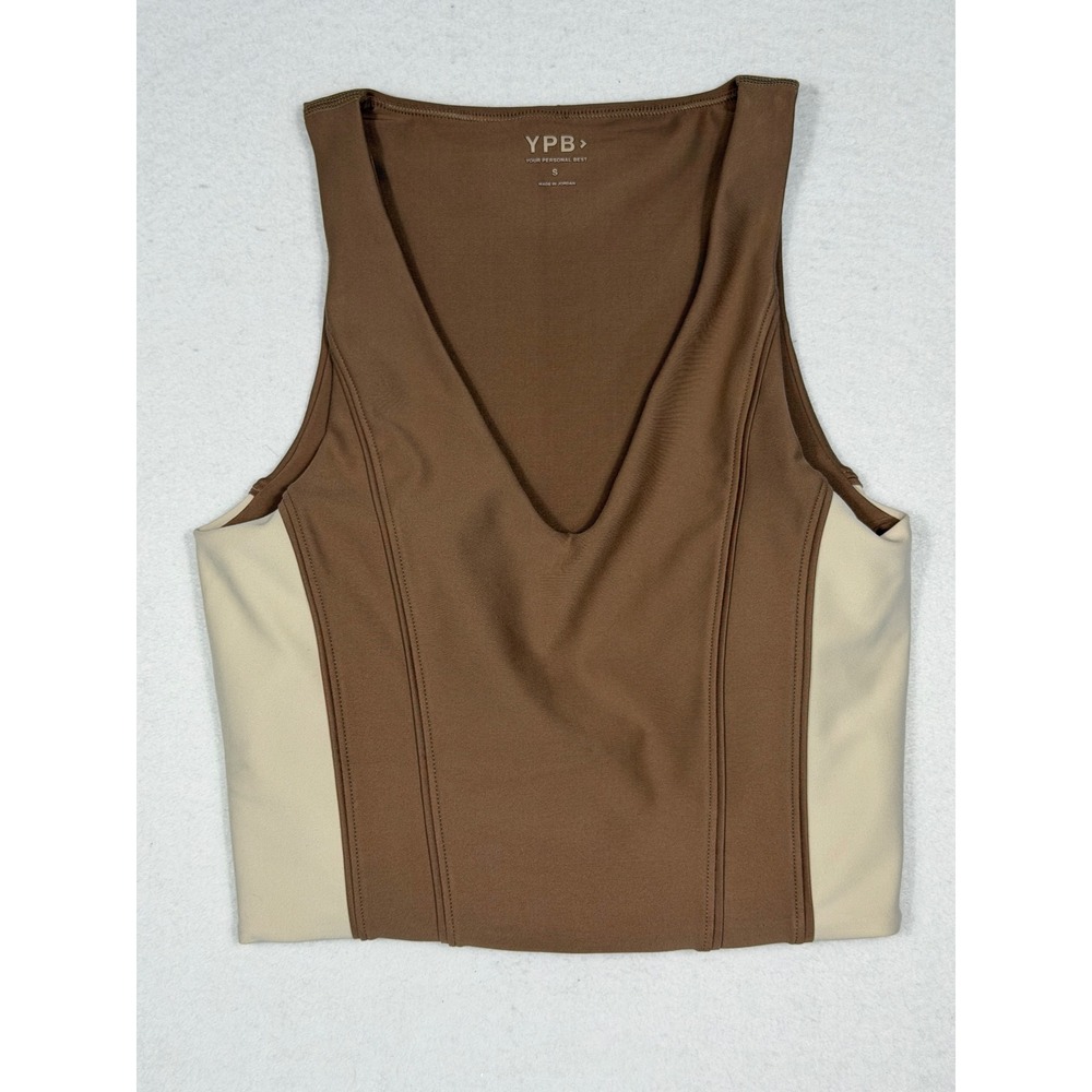 YPB SculptLUX slim Tank Top Women Small Brown Cream Colorblock V-Neck Cropped‎